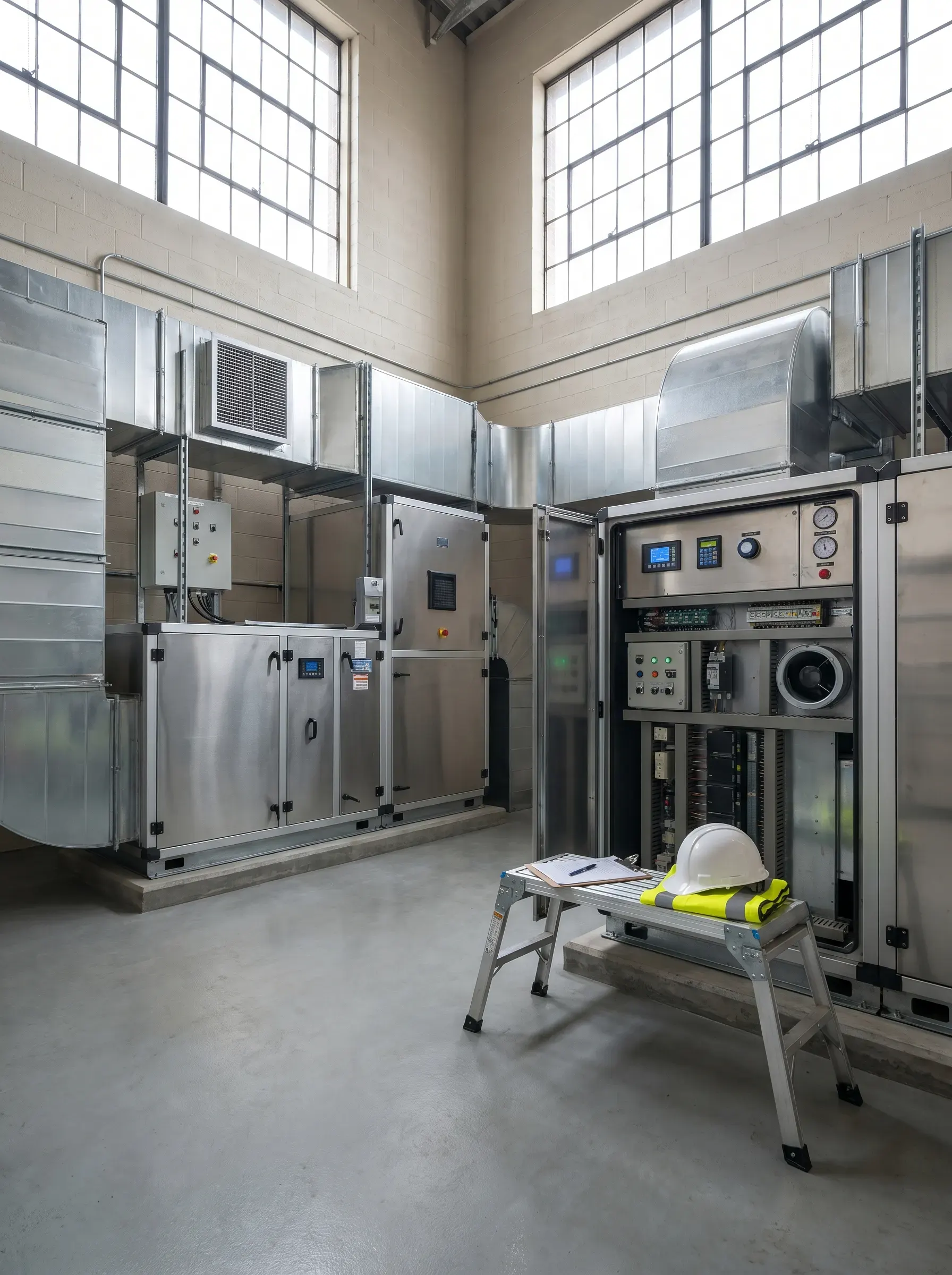 Industriell ventilationsanläggning med stålskåp och kontrollinstrument i teknikrum med högt i tak.